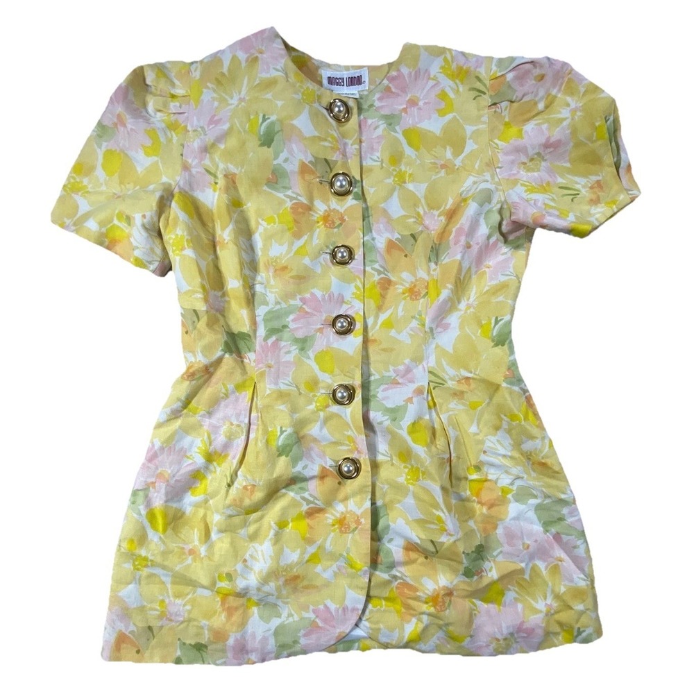 Vintage Maggy London Shirt Top Womens 10 Yellow Floral Pockets Puff Sleeves